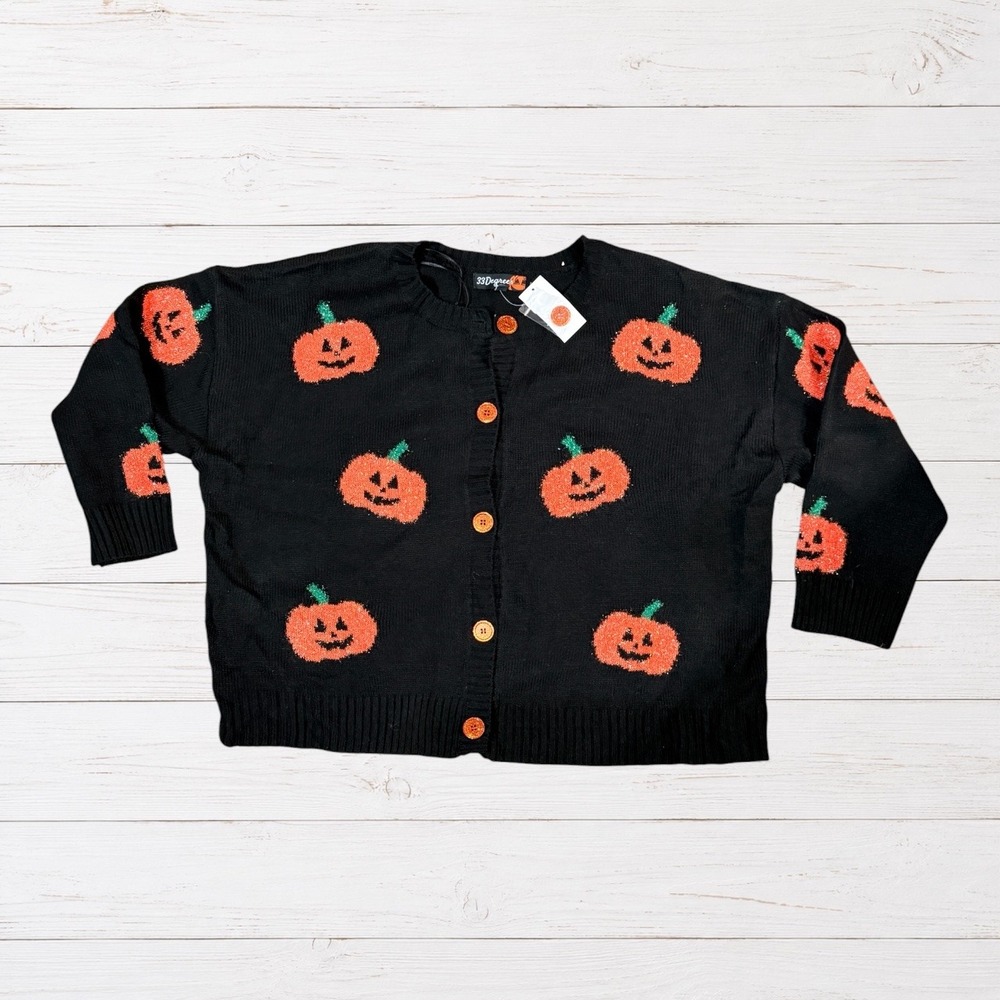 NWT 33 Degrees Pumpkin Cardigan Black Jack O Lantern Halloween Sweater 3X